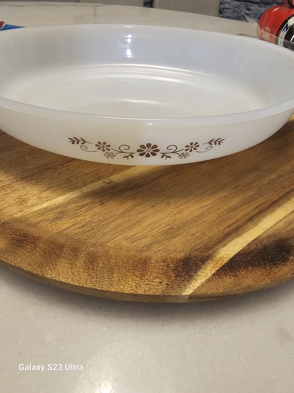 White Milk Glass Serving Bowl with Brown Floral Band